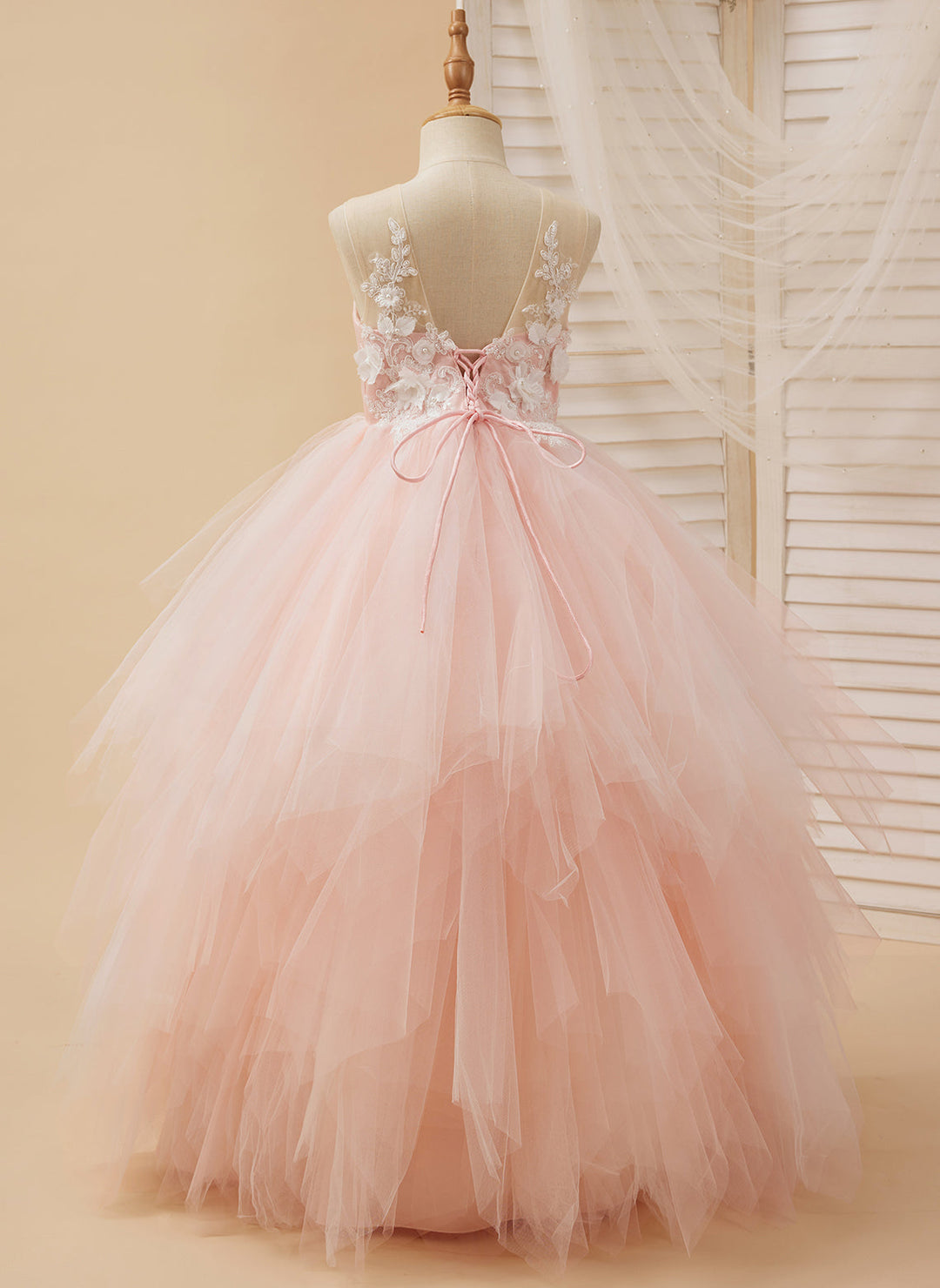 Robe de Bal/Princesse en Tulle et Dentelle Rose Longue Au Sol