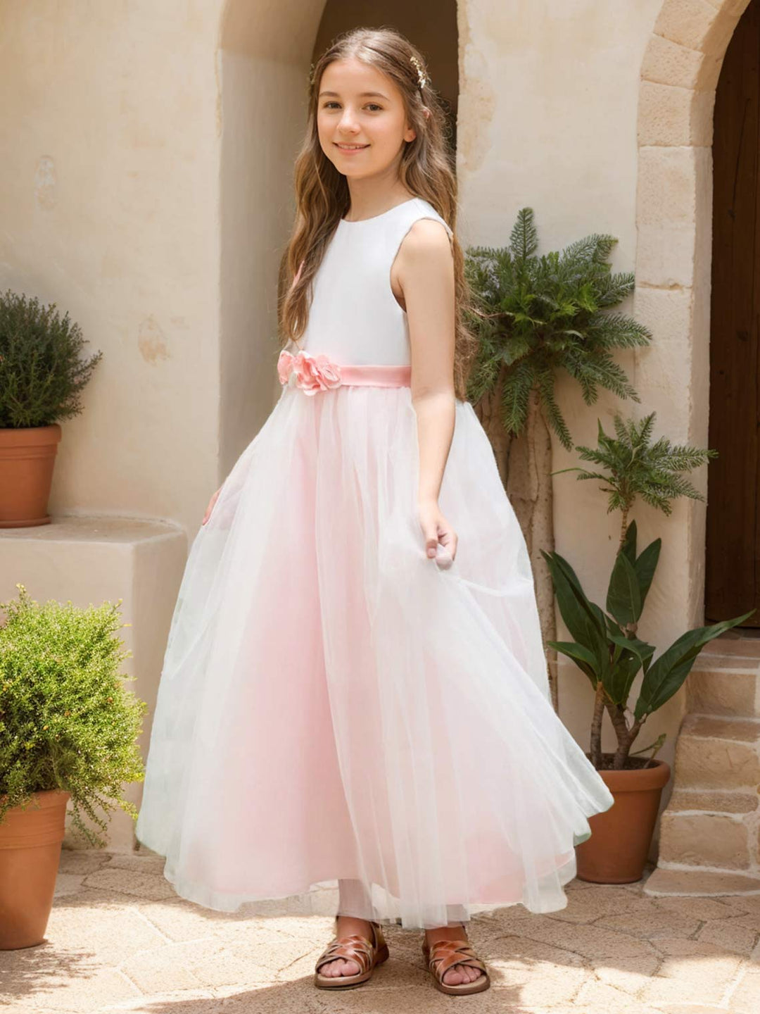 Robe de Demoiselle D'Honneur en Tulle Satiné à Fleurs 3D Coupe A Longueur Cheville