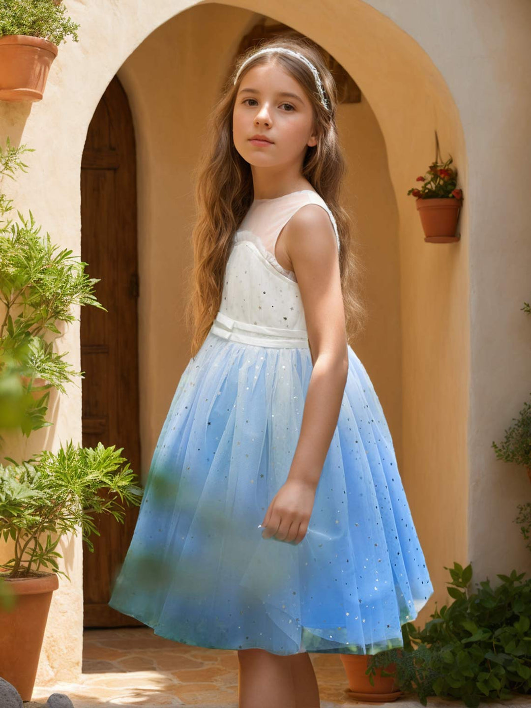 Robe de Bal/Princesse en Tulle Bleu Longueur Genou pour Demoiselle D'Honneur