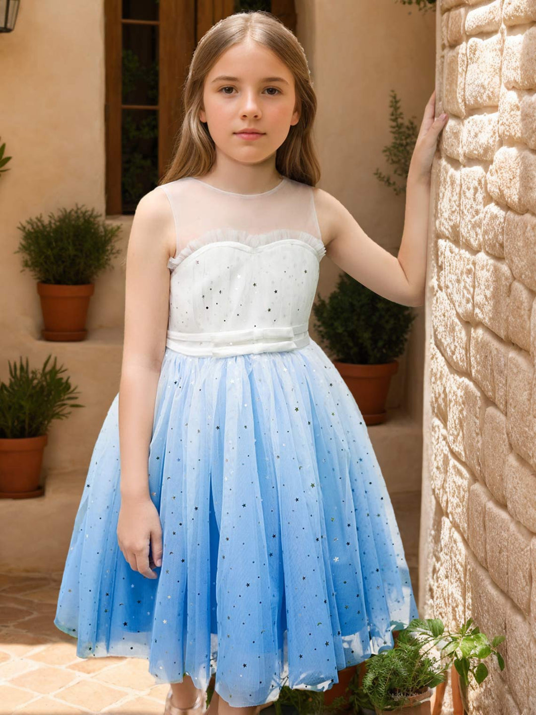 Robe de Bal/Princesse en Tulle Bleu Longueur Genou pour Demoiselle D'Honneur