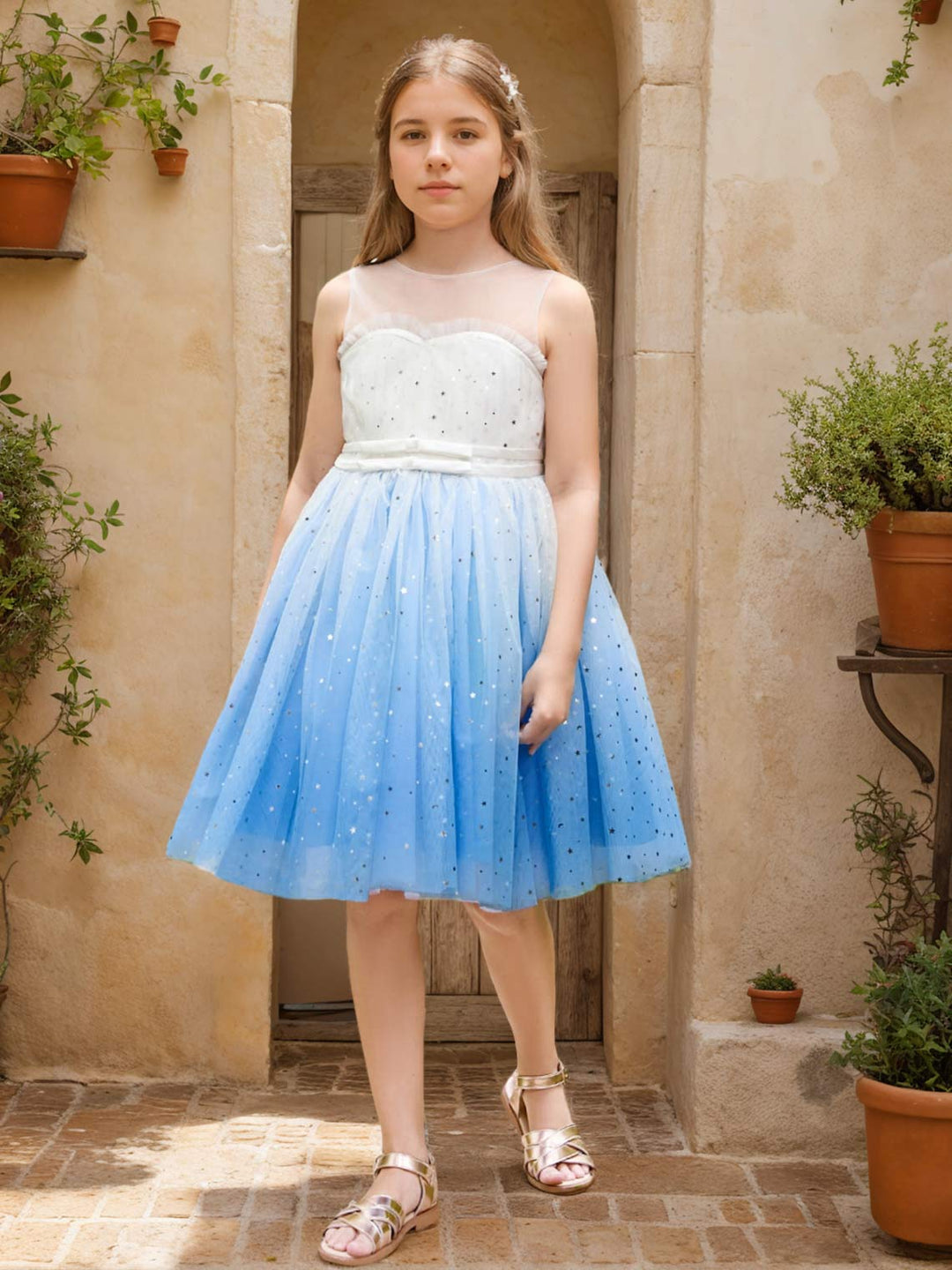 Robe de Bal/Princesse en Tulle Bleu Longueur Genou pour Demoiselle D'Honneur