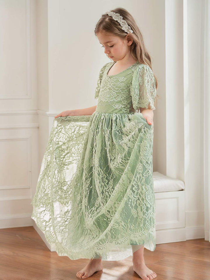 Robe de Demoiselle D'Honneur Style Bohème Ivoire en Dentelle Coupe A Longueur Cheville