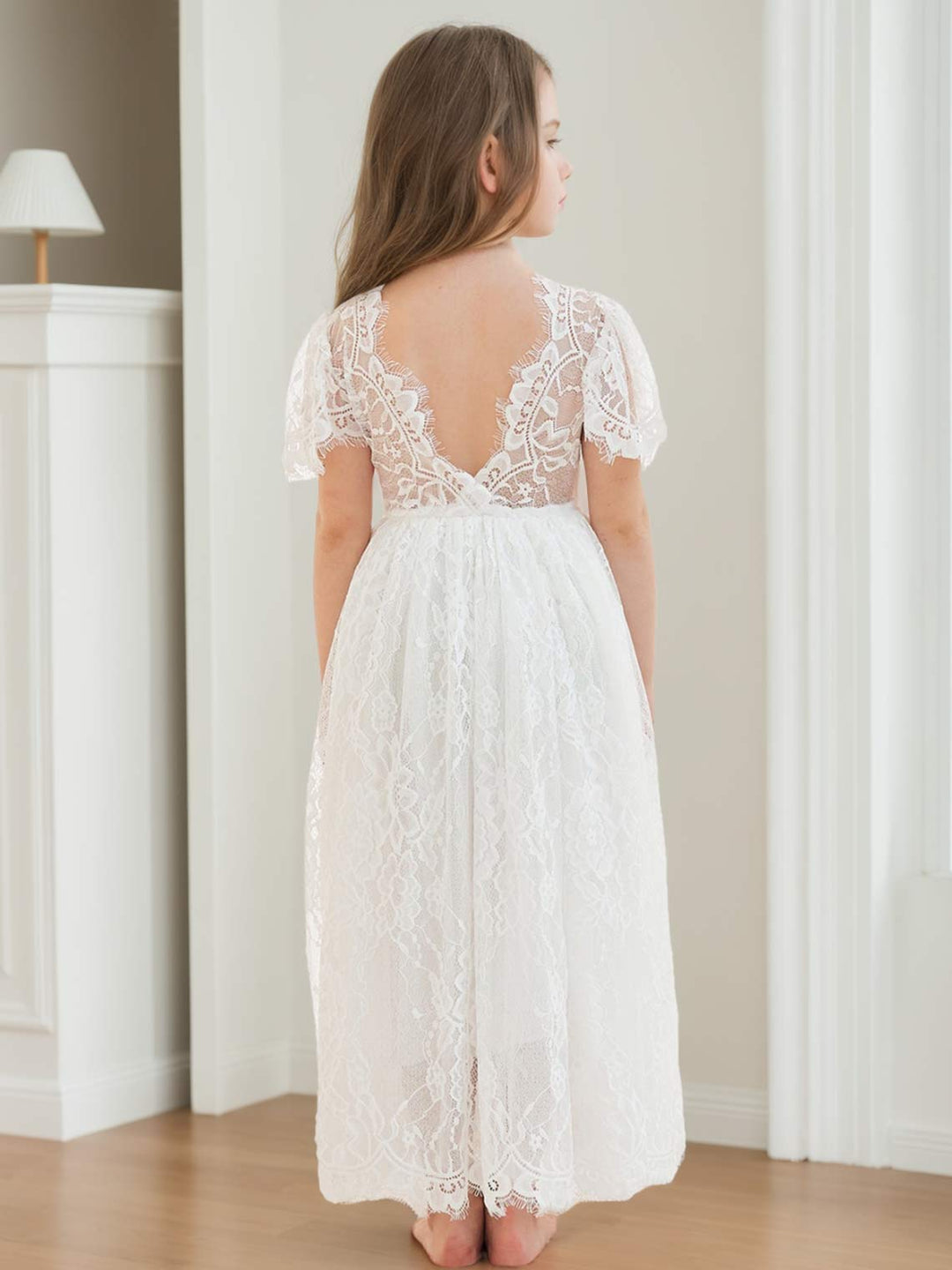 Robe de Demoiselle D'Honneur Style Bohème Ivoire en Dentelle Coupe A Longueur Cheville