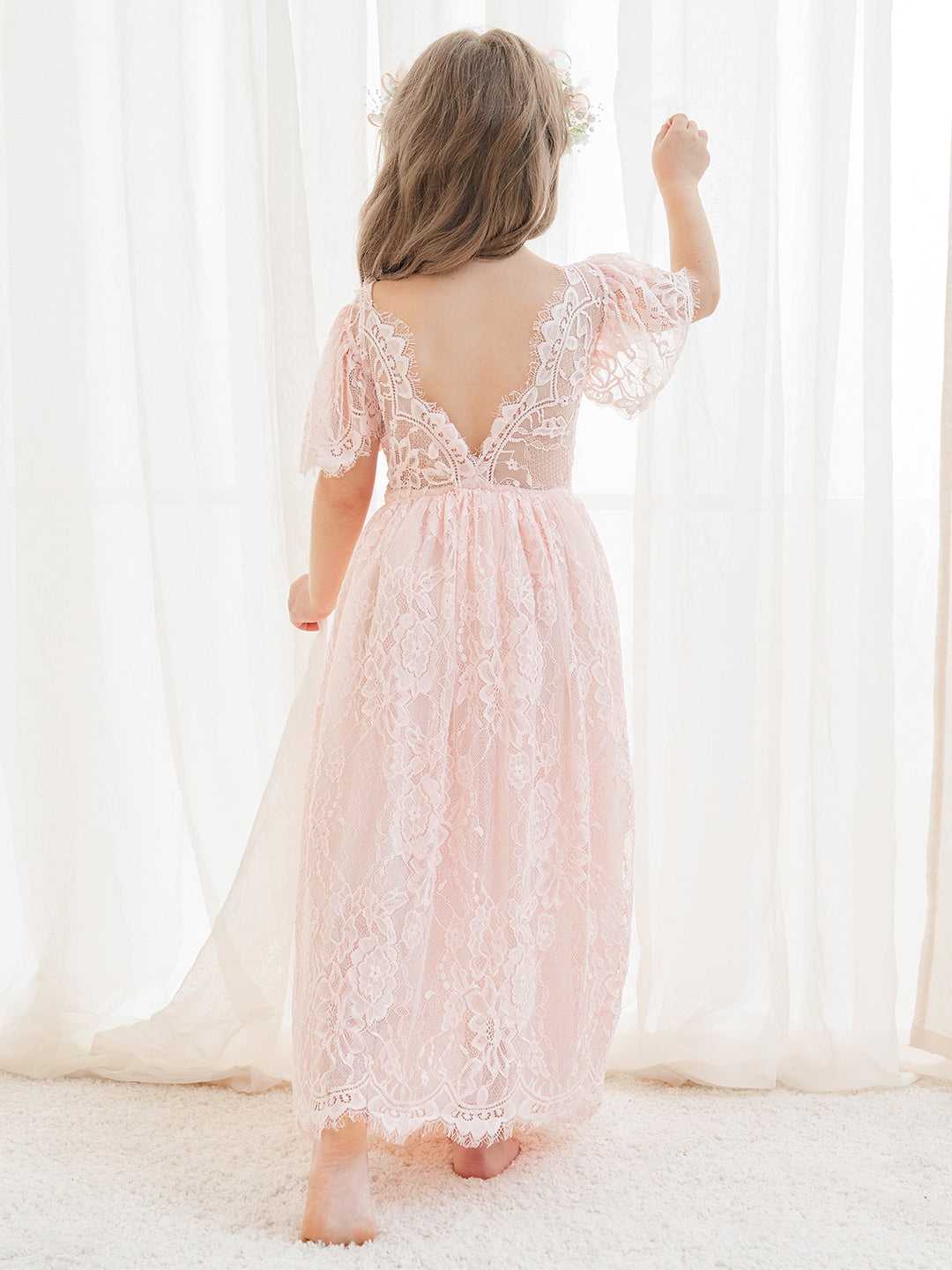 Robe de Demoiselle D'Honneur Style Bohème Ivoire en Dentelle Coupe A Longueur Cheville