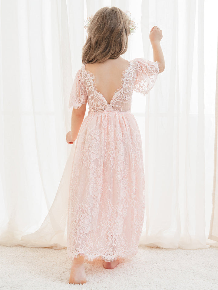 Robe de Demoiselle D'Honneur Style Bohème Ivoire en Dentelle Coupe A Longueur Cheville