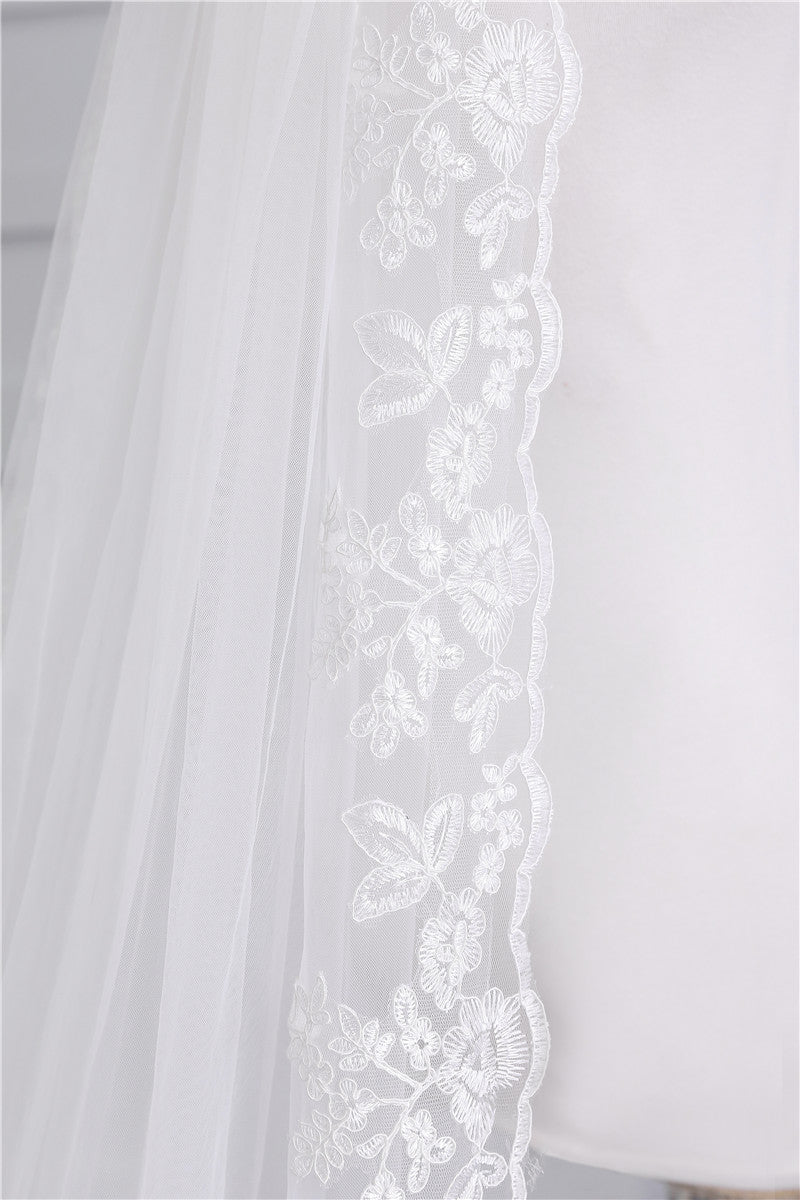 Voile de Mariée en Dentelle à Un Niveau avec Appliques