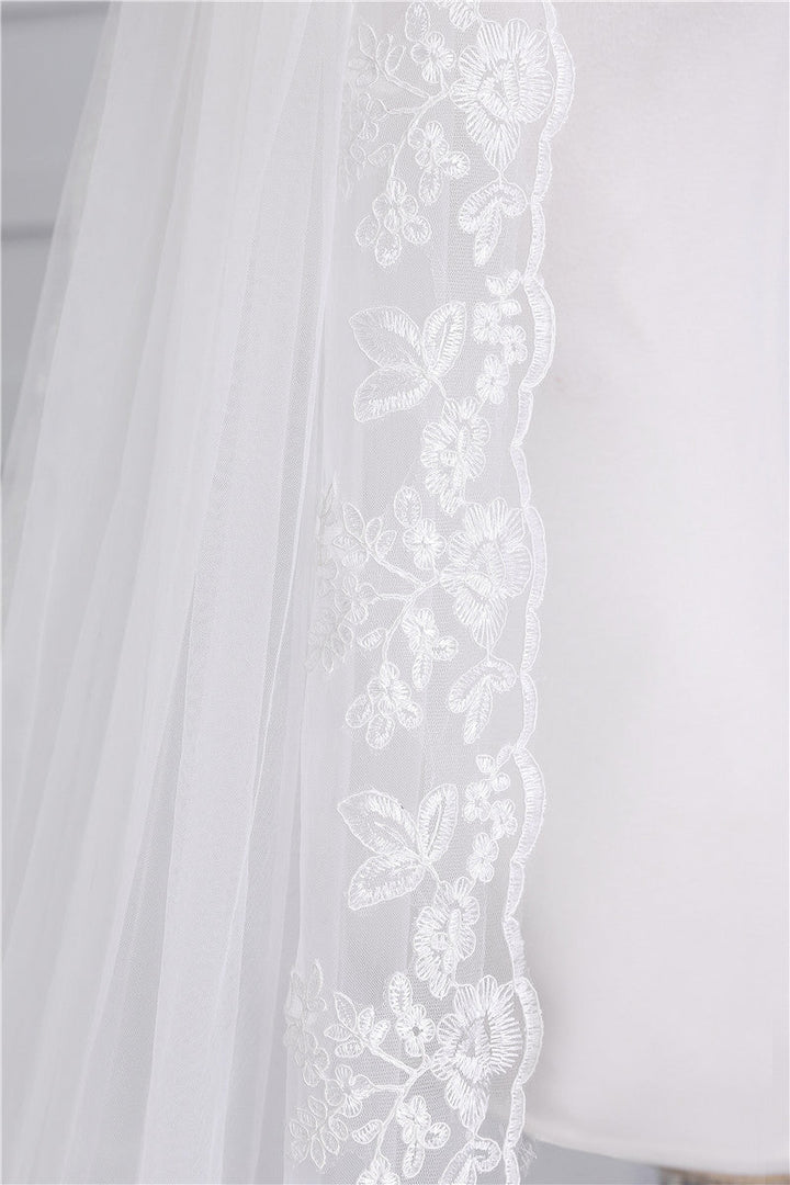 Voile de Mariée en Dentelle à Un Niveau avec Appliques