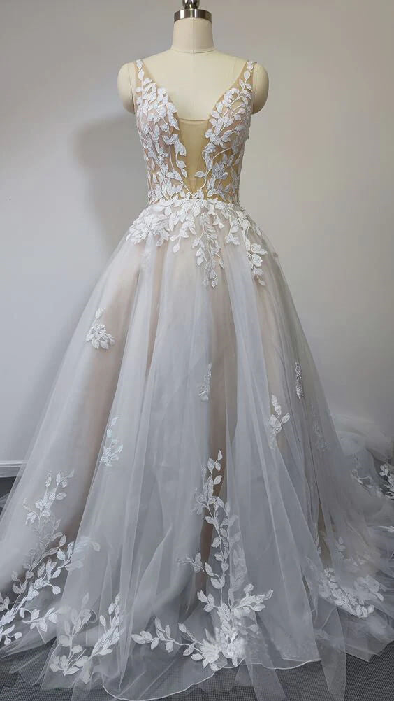 Robe de Mariée en Dentelle Coupe A-Line/Princesse, Col en V, Longueur Au Sol