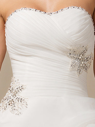 Robe de mariée A-Ligne/Princesse, sans bretelles, sans manches, asymétrique, avec perles et dentelle
