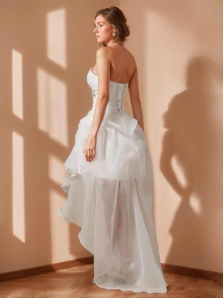 Robe de mariée A-Ligne/Princesse, sans bretelles, sans manches, asymétrique, avec perles et dentelle