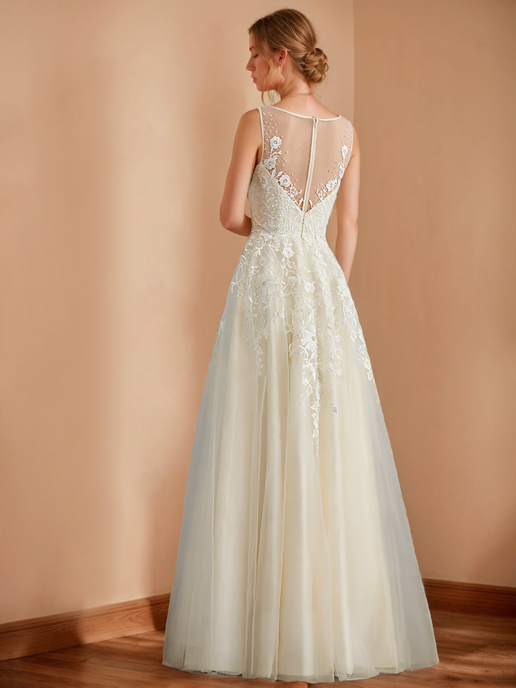 Robe de mariée A-Ligne/Princesse, décolleté profond, sans manches, longueur sol, avec appliqués