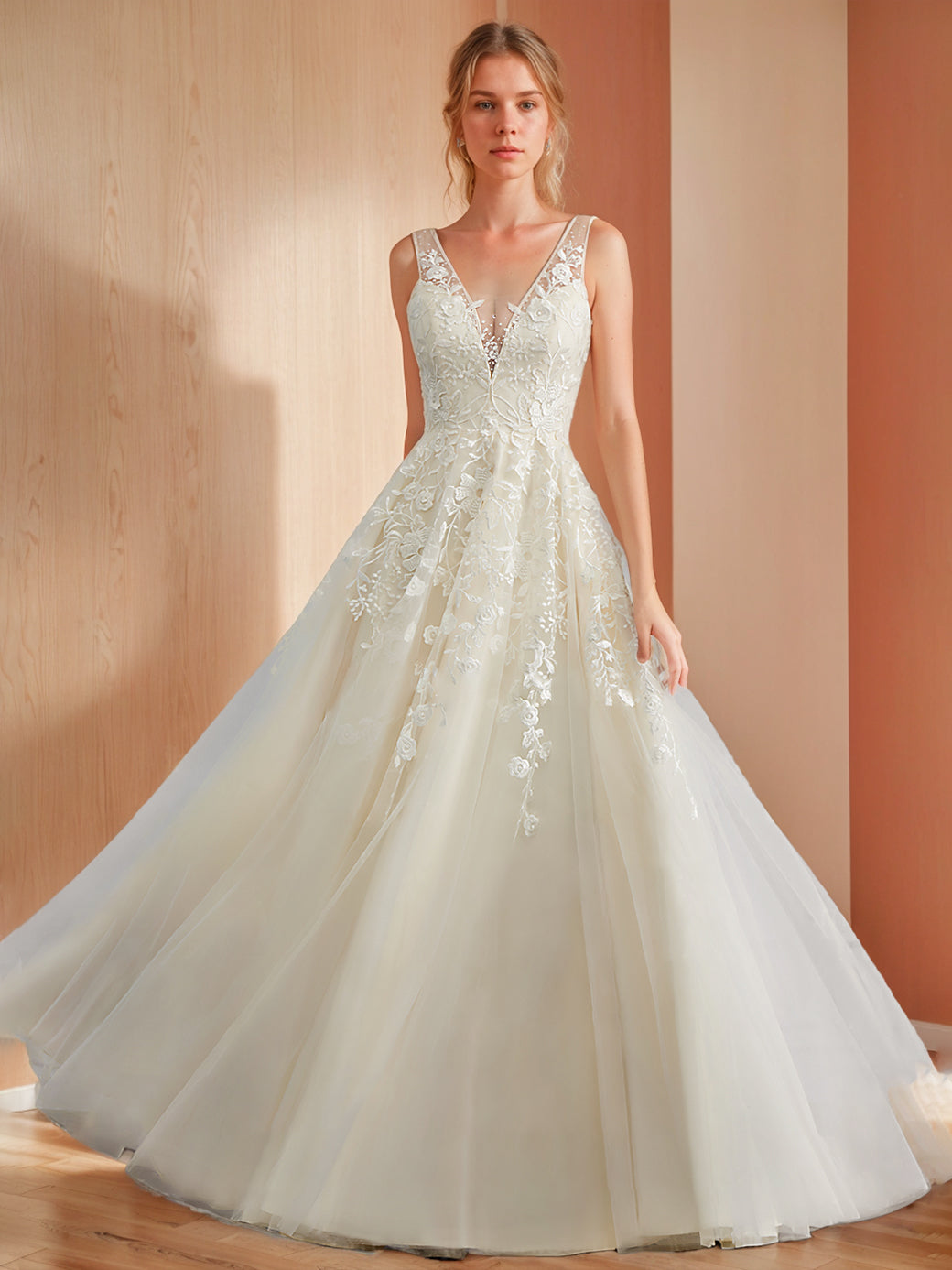 Robe de mariée A-Ligne/Princesse, décolleté profond, sans manches, longueur sol, avec appliqués