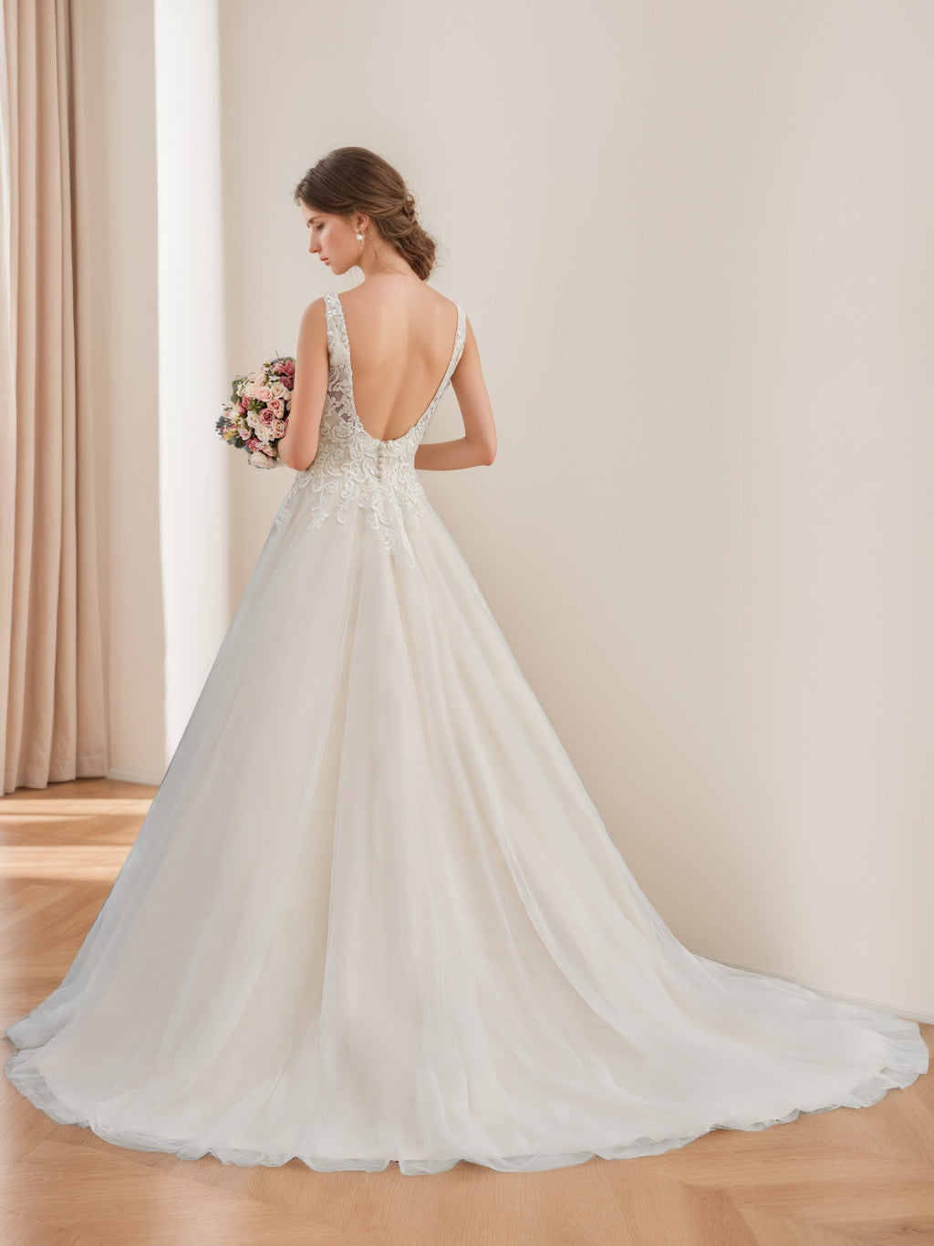 Robe de mariée A-Ligne/Princesse, décolleté profond, sans manches, longueur sol, unique, avec appliqués et dentelle