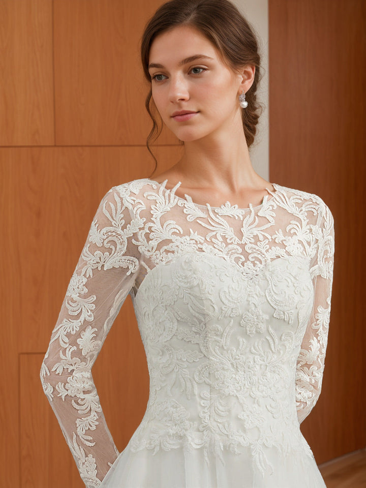 Robe de mariée en dentelle A-Ligne/Princesse, col rond, manches longues, longueur sol, avec appliqués