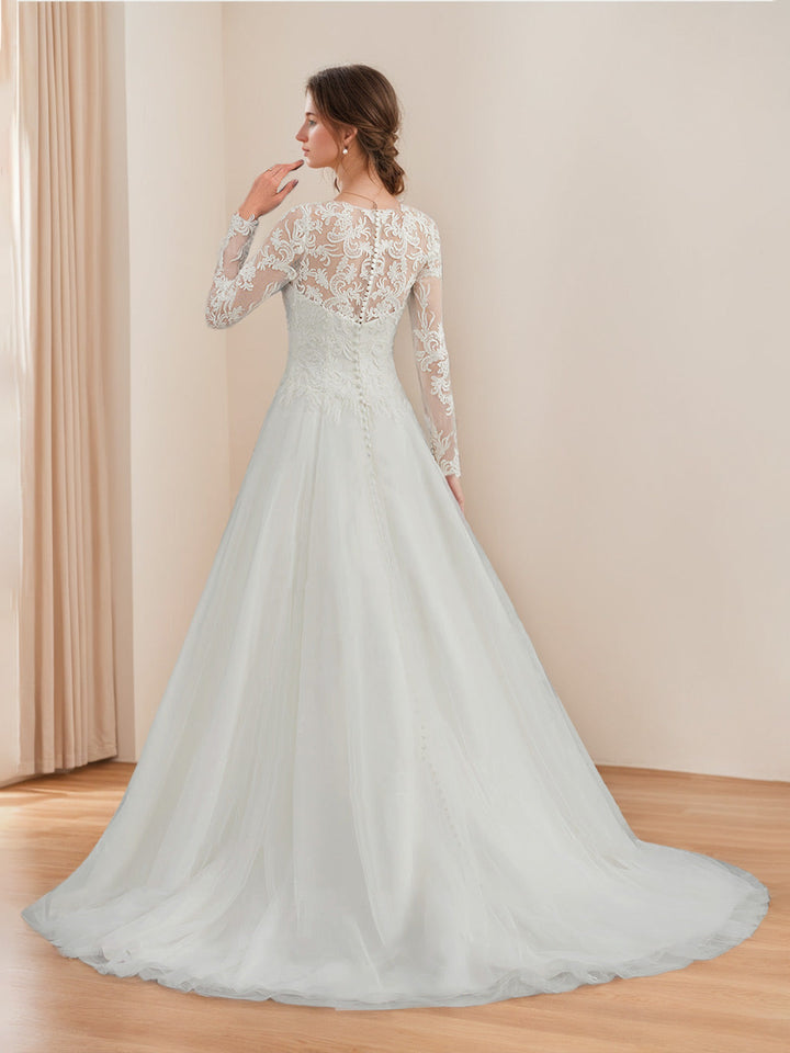 Robe de mariée en dentelle A-Ligne/Princesse, col rond, manches longues, longueur sol, avec appliqués