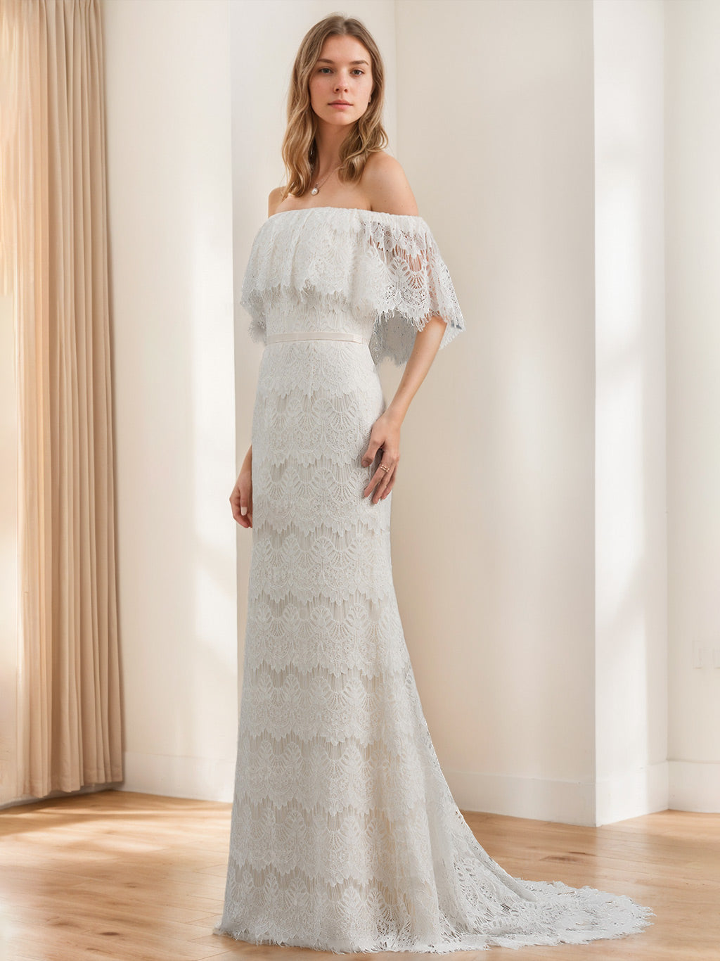 Robe de mariée en dentelle A-Ligne/Princesse, manches longues, longueur sol