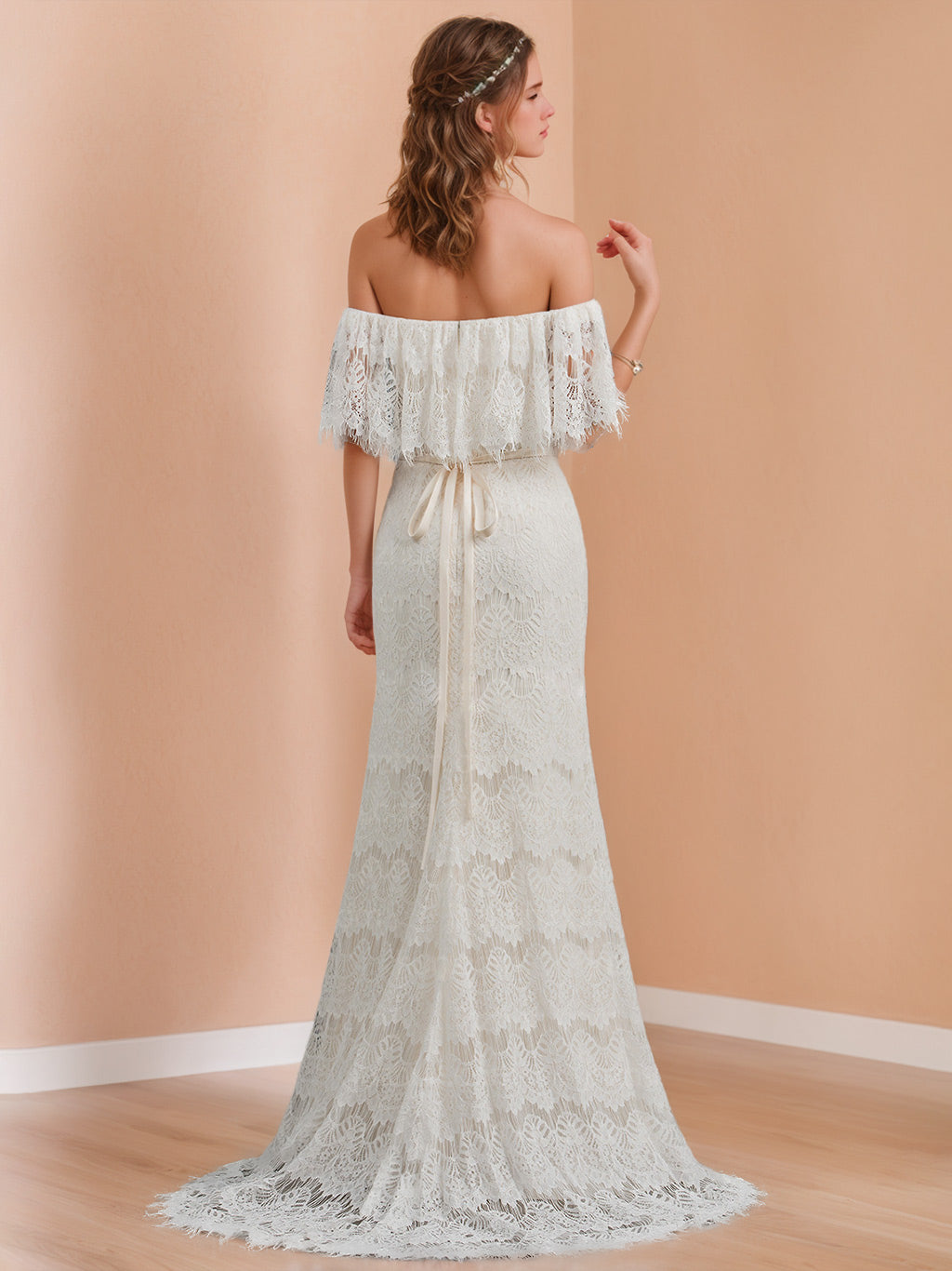 Robe de mariée en dentelle A-Ligne/Princesse, manches longues, longueur sol