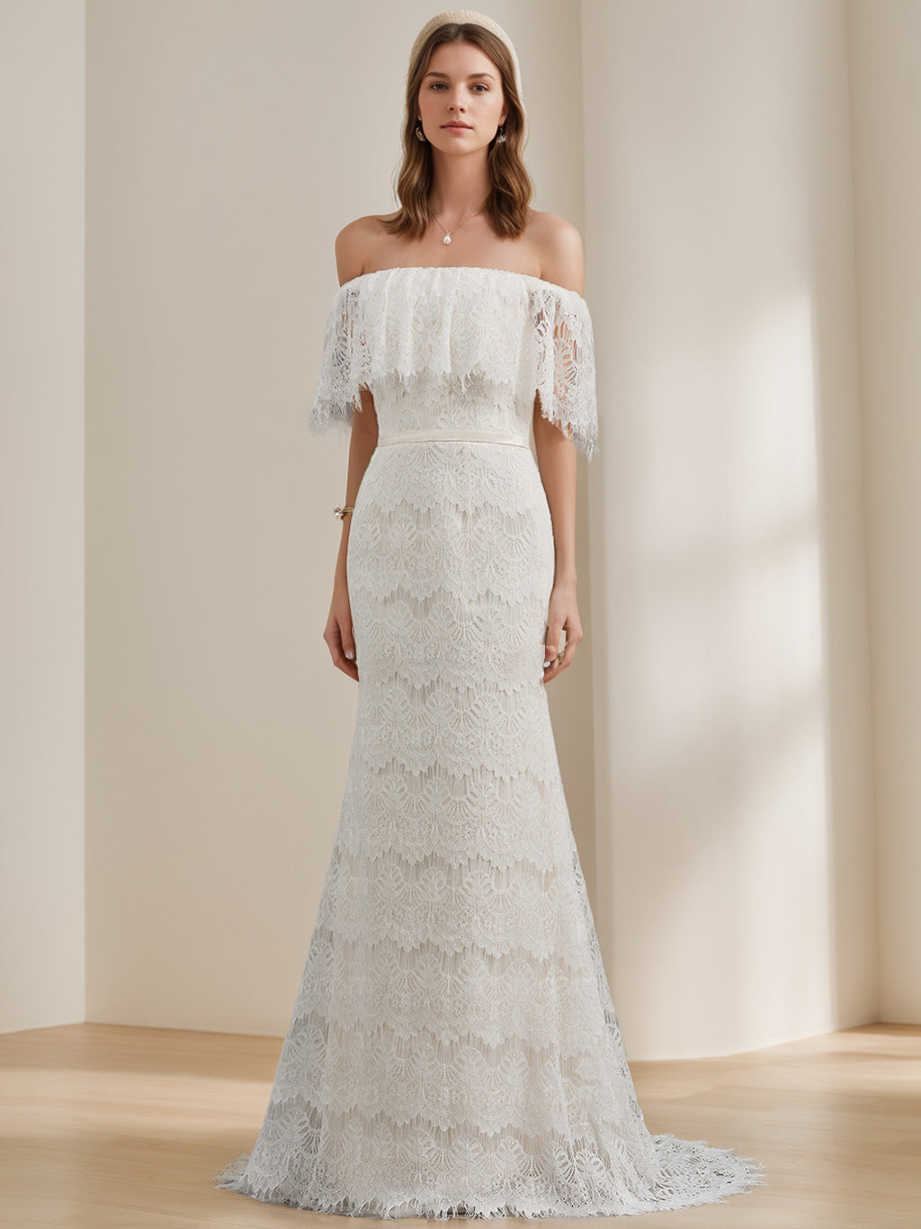 Robe de mariée en dentelle A-Ligne/Princesse, manches longues, longueur sol
