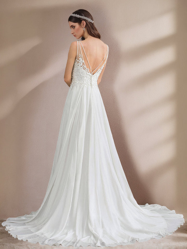 Robe de mariée unique A-Ligne/Princesse, décolleté profond, sans manches, longueur sol, fente latérale, avec appliqués et dentelle