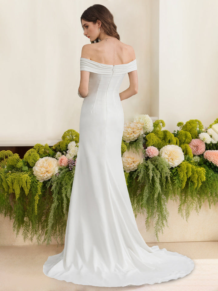 Robe de mariée sirène, décolleté dénudé, sans manches, longueur sol, avec volants