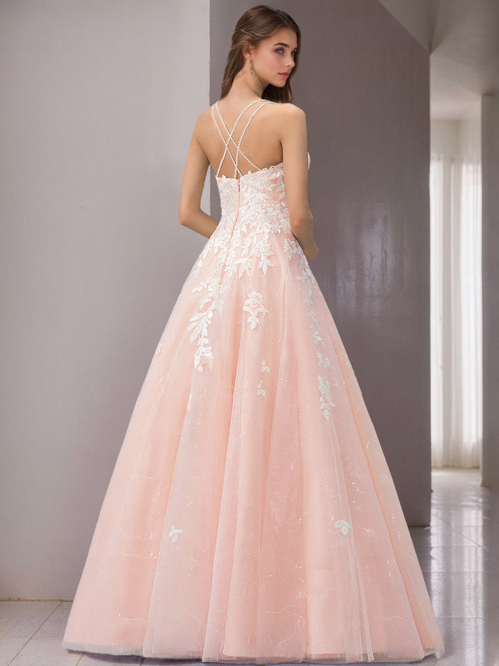 Robe de mariée A-Ligne/Princesse, bretelles fines, sans manches, longueur sol, avec appliqués et dentelle