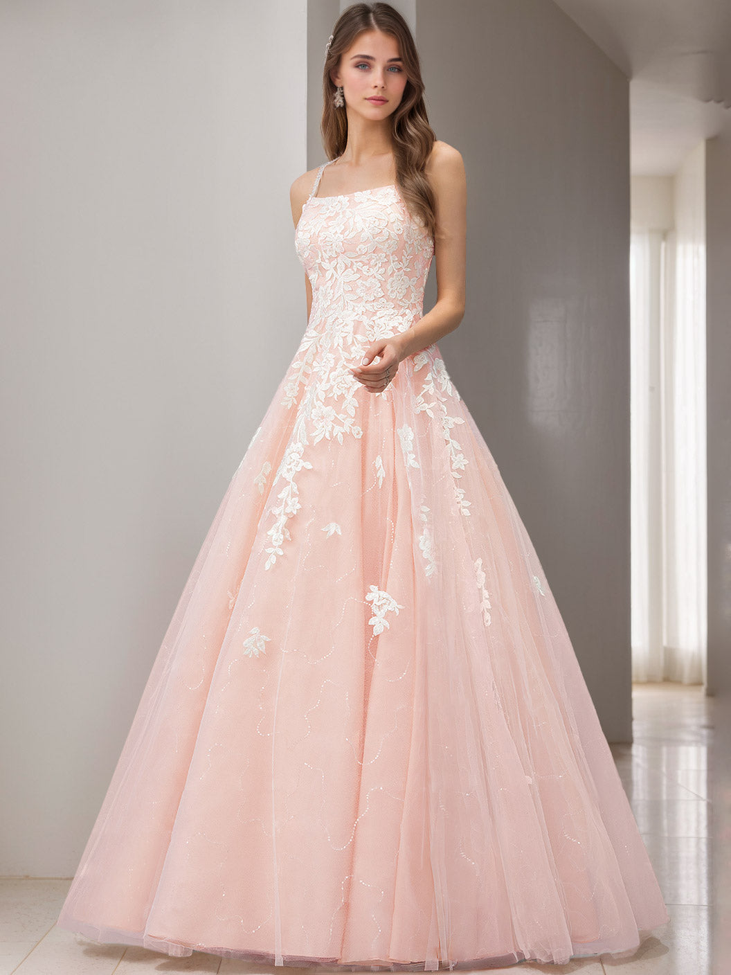 Robe de mariée A-Ligne/Princesse, bretelles fines, sans manches, longueur sol, avec appliqués et dentelle
