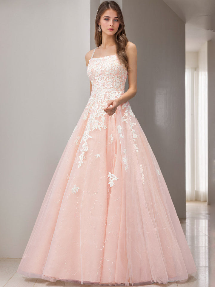 Robe de mariée A-Ligne/Princesse, bretelles fines, sans manches, longueur sol, avec appliqués et dentelle