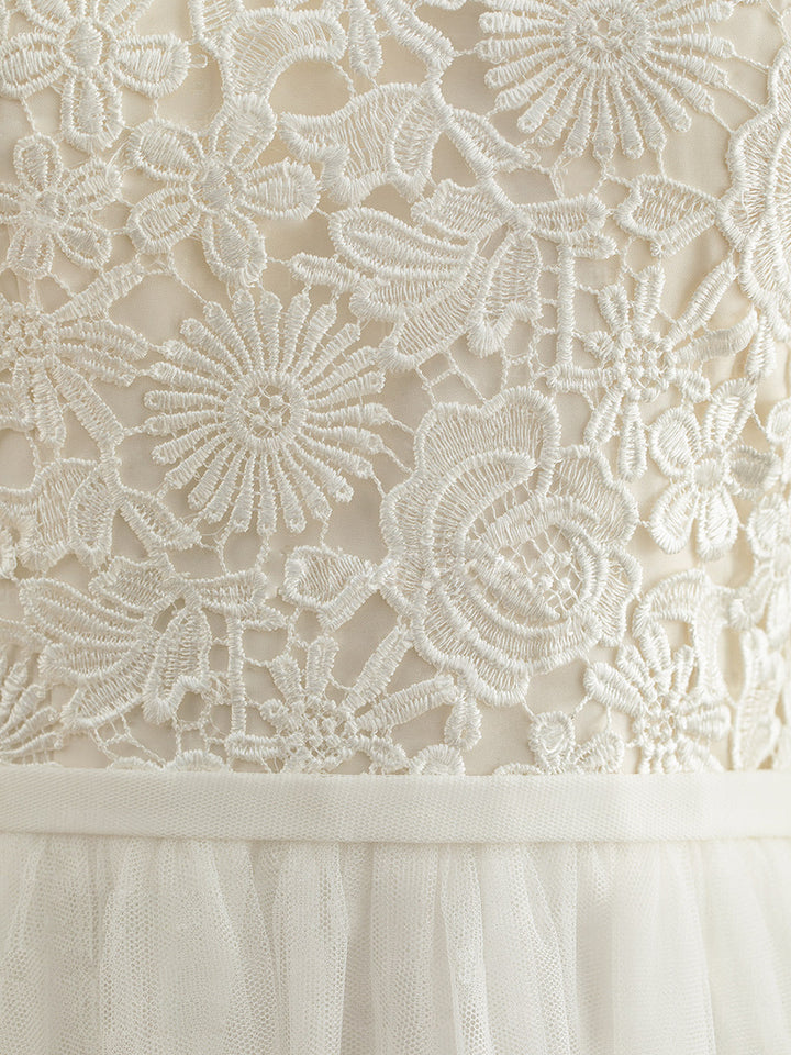 Robe de mariée A-Ligne/Princesse, col rond, manches 3/4, longueur sol, avec appliqués