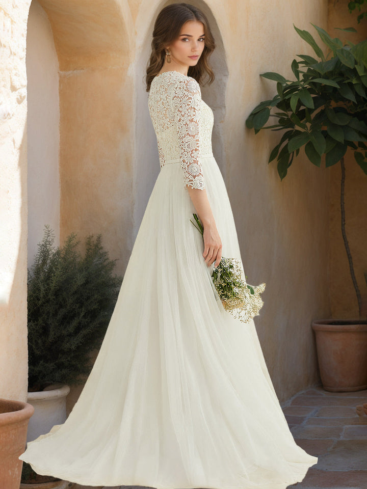 Robe de mariée A-Ligne/Princesse, col rond, manches 3/4, longueur sol, avec appliqués