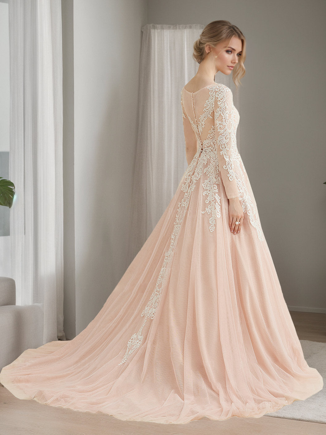 Robe de mariée en dentelle A-Ligne/Princesse, col rond, manches longues, longueur sol, avec appliqués