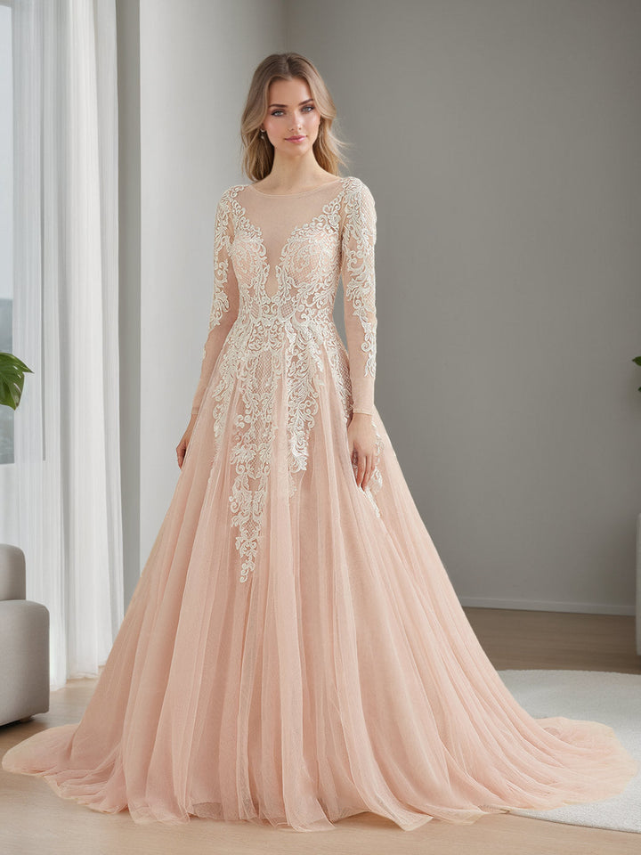 Robe de mariée en dentelle A-Ligne/Princesse, col rond, manches longues, longueur sol, avec appliqués