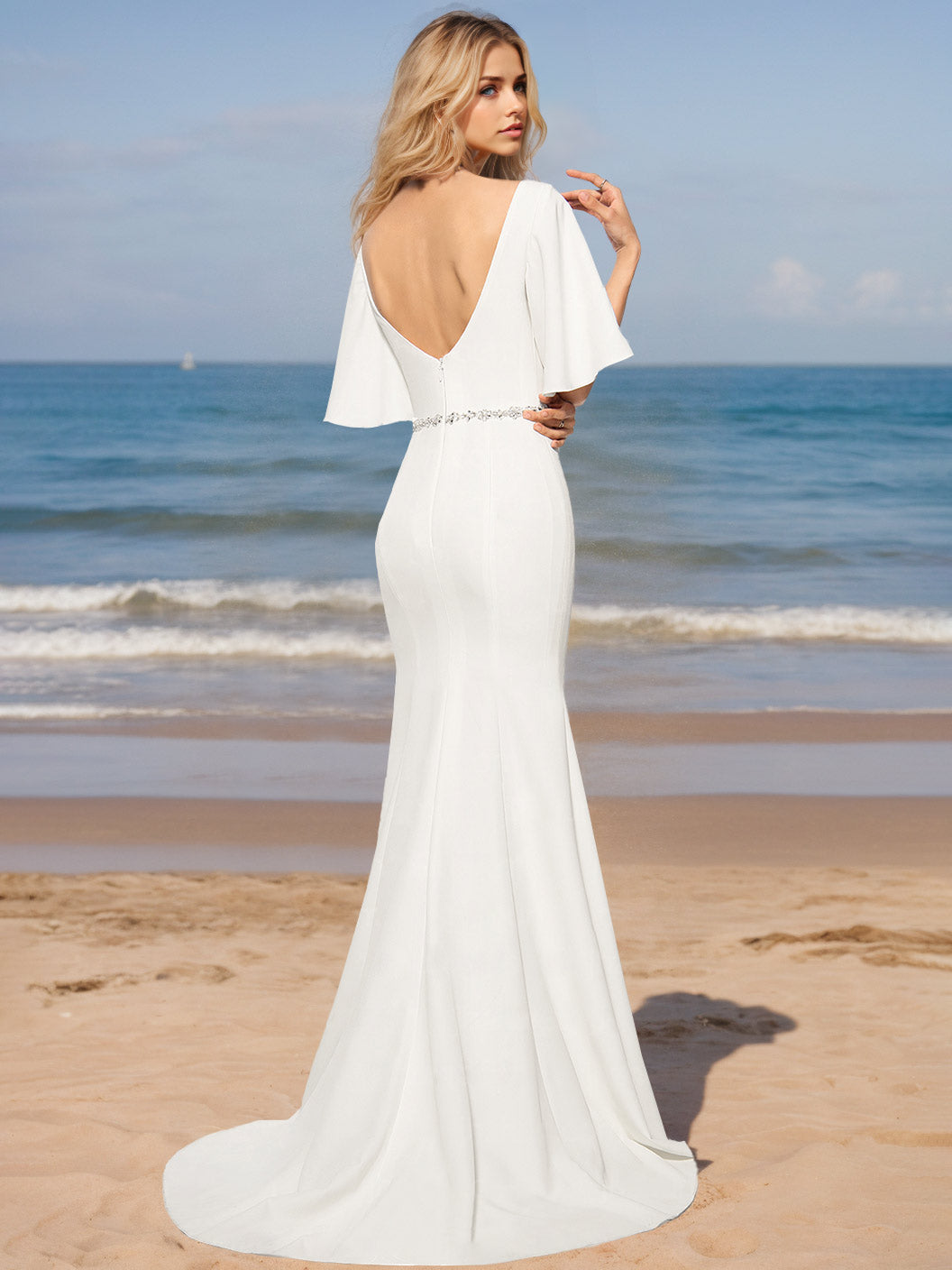 Robe de mariée sirène, bustier, manches mi-longues, longueur sol, avec sequins