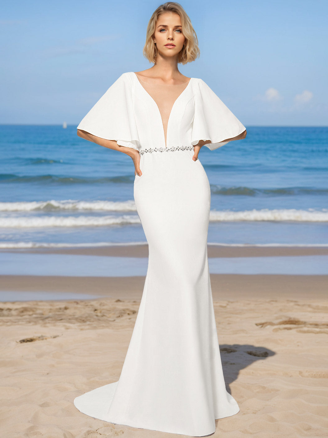Robe de mariée sirène, bustier, manches mi-longues, longueur sol, avec sequins