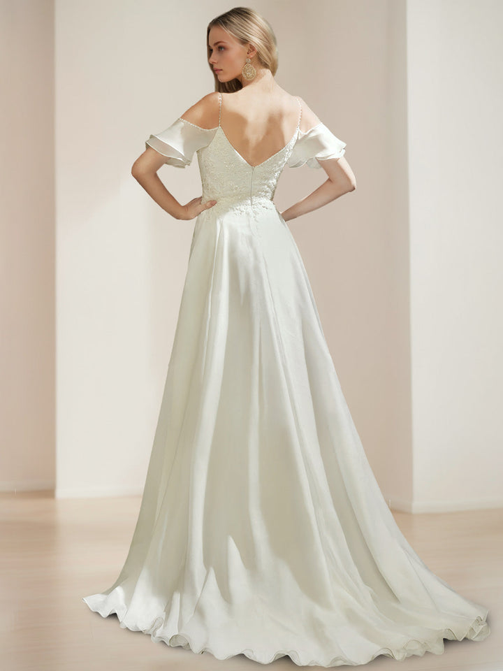 Robe de mariée A-Ligne/Princesse, bretelles fines, sans manches, longueur sol, avec appliqués et sequins