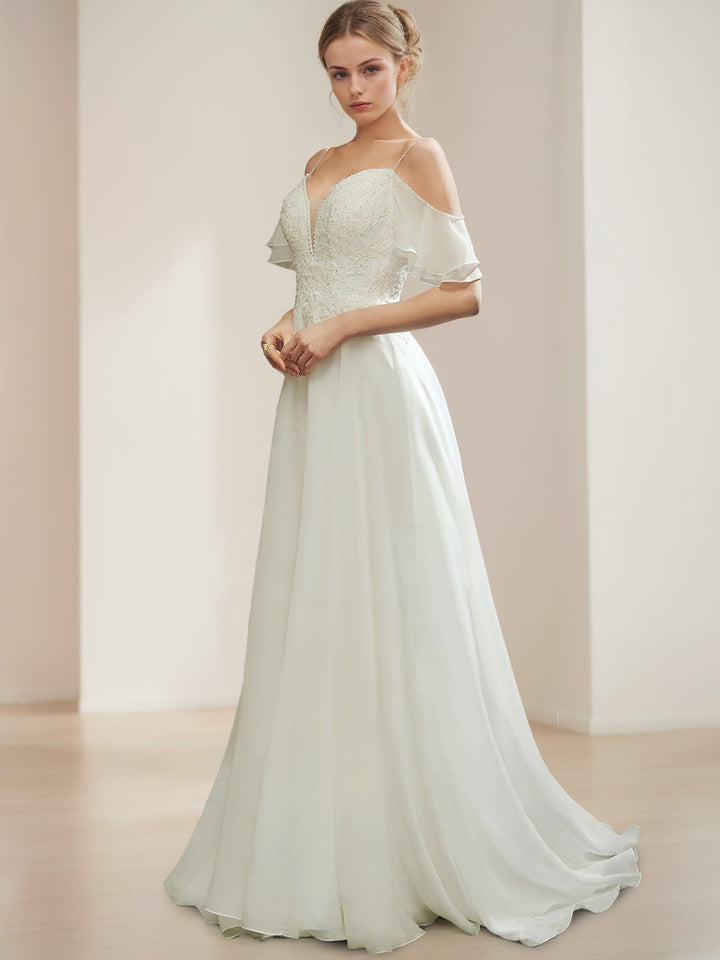 Robe de mariée A-Ligne/Princesse, bretelles fines, sans manches, longueur sol, avec appliqués et sequins