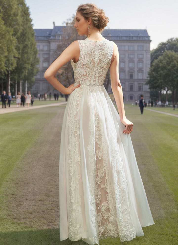 Robe de mariée trapèze/princesse, col rond, sans manches, longueur sol, tulle, appliques & dentelle