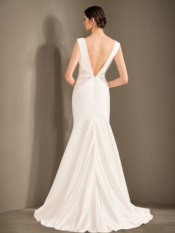 Robe longue de mariée trapèze/princesse, col V profond, sans manches, longueur sol, dentelle