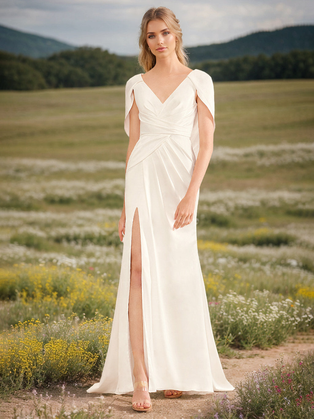 Robes de mariée fourreau/colonne, col V, sans manches, longueur sol, volants & fente latérale