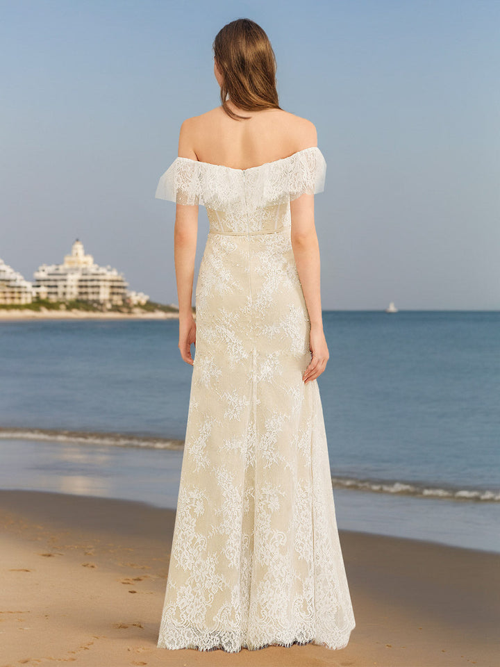 Robe de mariée trapèze/princesse, hors-épaules, cœur, longueur sol, appliques