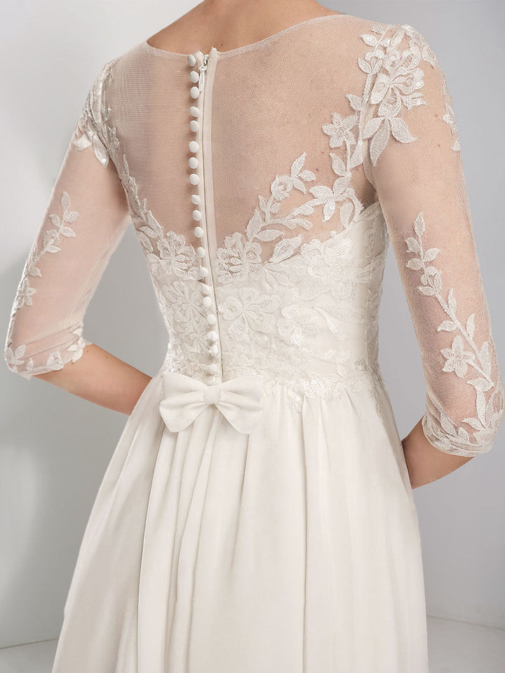 Robe de mariée trapèze/princesse, col rond, demi-manches, longueur sol, dentelle, appliques