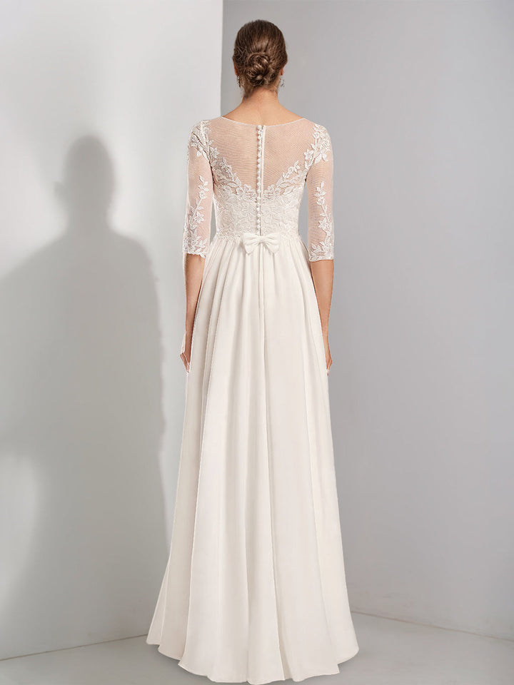 Robe de mariée trapèze/princesse, col rond, demi-manches, longueur sol, dentelle, appliques