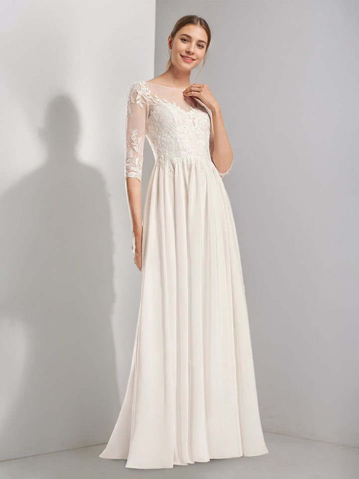 Robe de mariée trapèze/princesse, col rond, demi-manches, longueur sol, dentelle, appliques