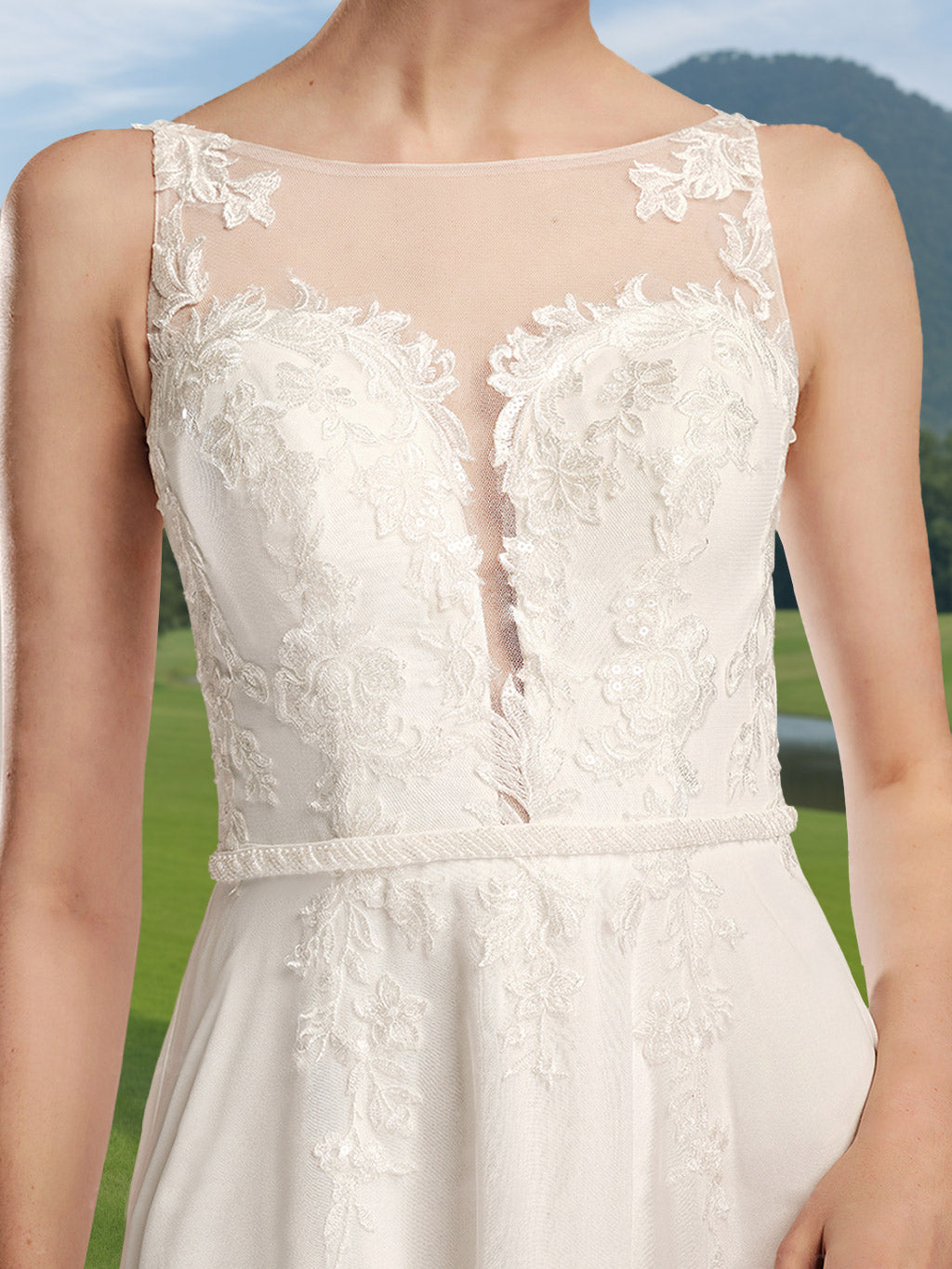 Robe de mariée trapèze/princesse, col rond, sans manches, longueur sol, appliques dentelle