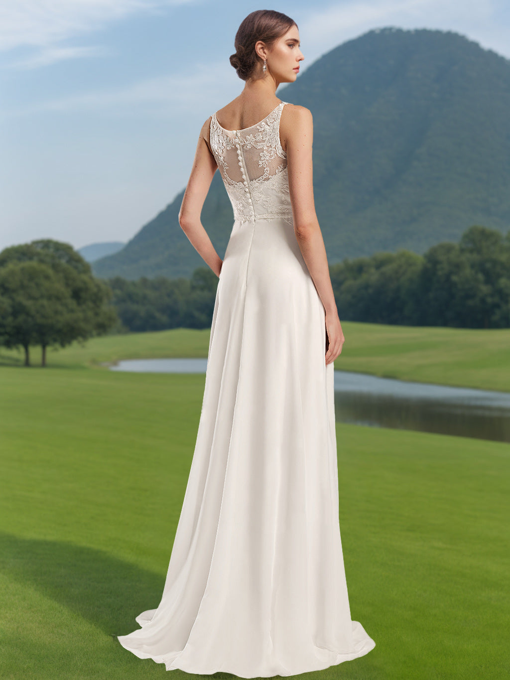 Robe de mariée trapèze/princesse, col rond, sans manches, longueur sol, appliques dentelle