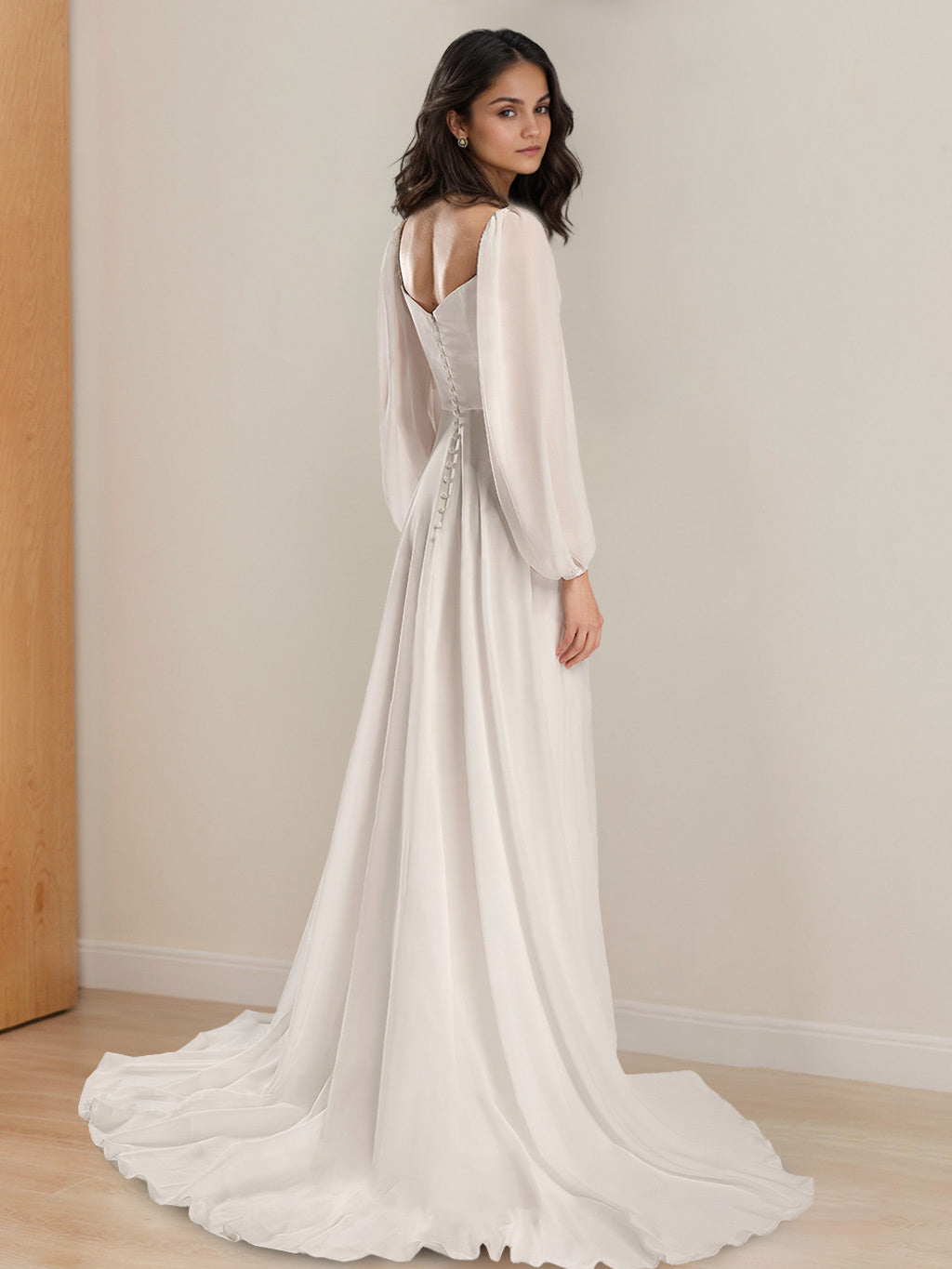 Robe de mariée trapèze/princesse, col V, manches longues, longueur sol