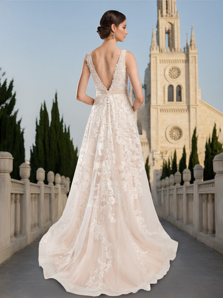 Robe longue de mariée trapèze/princesse, col V, sans manches, longueur sol, appliques