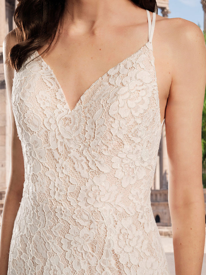 Robe de mariée trapèze/princesse, fines bretelles, col V, sans manches, longueur sol, appliques dentelle