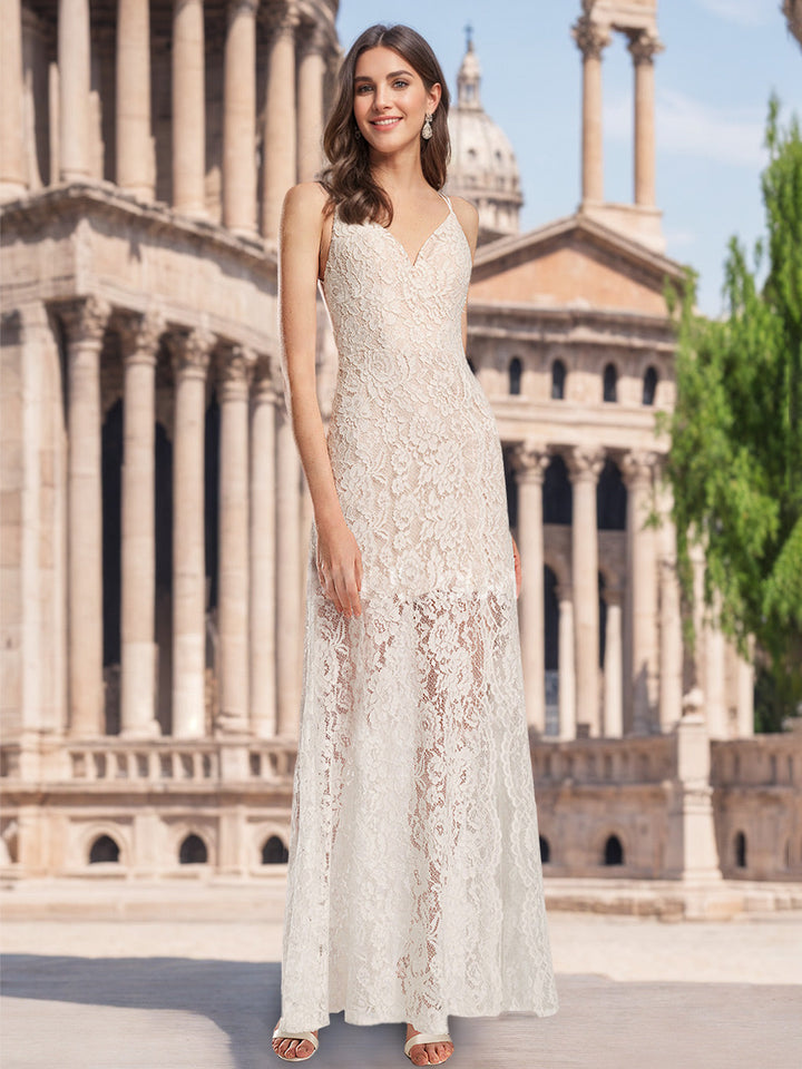 Robe de mariée trapèze/princesse, fines bretelles, col V, sans manches, longueur sol, appliques dentelle