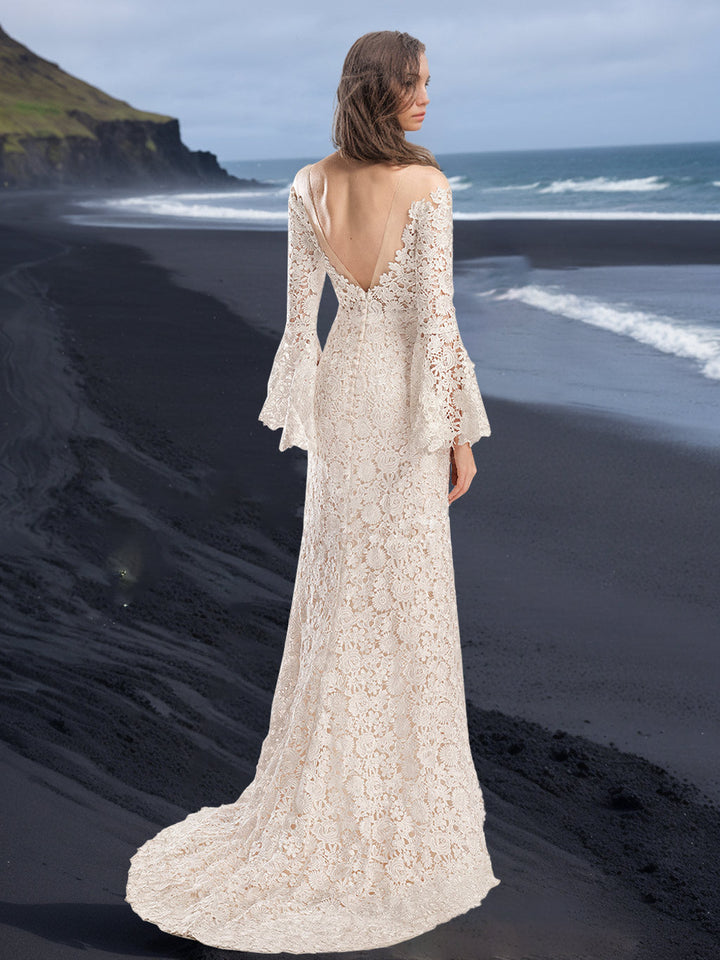 Robe de mariée trompette/sirène, col rond, manches longues, longueur sol, appliques dentelle