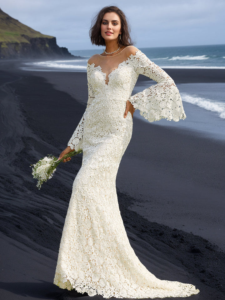 Robe de mariée trompette/sirène, col rond, manches longues, longueur sol, appliques dentelle